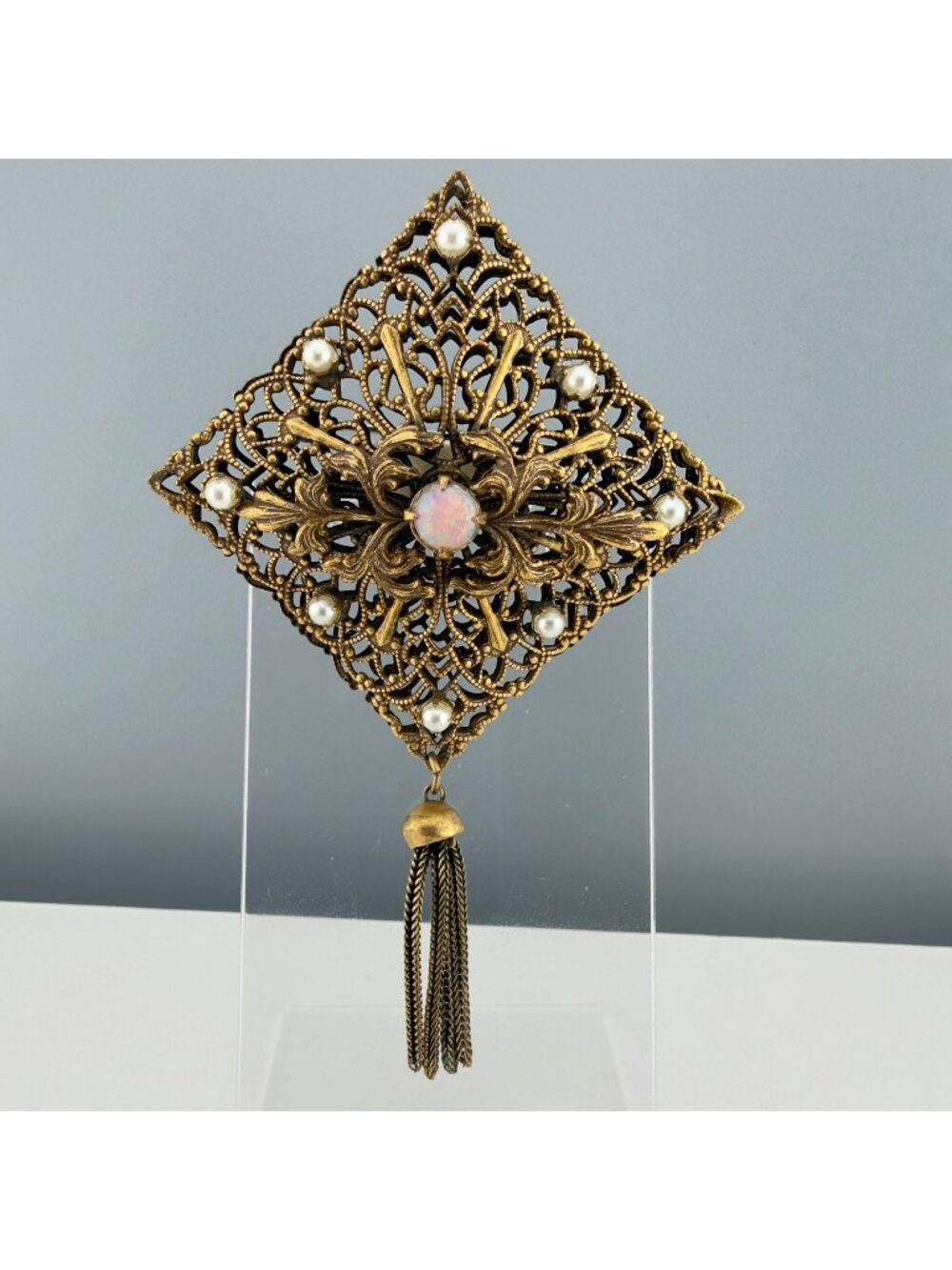Vintage Victorian Revival Tassel Brooch Filigree Faux Pearls Opal Gold Tone